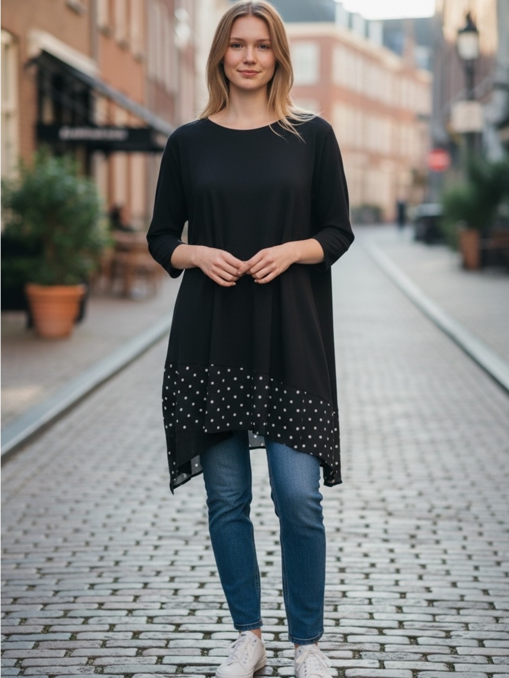 Allison Daley Women Large Black Tunic Top Polka Dot Chiffon Hem 3/4 Sleeve